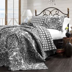 King size 3-Piece Cotton Quilt Set in Black White Paisley Damask