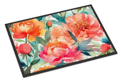 Peonies in Watercolor Doormat Front Door Mat Indoor Outdoor Rugs for Entryway, Non Slip Washable Low Pile, 24H X 36W