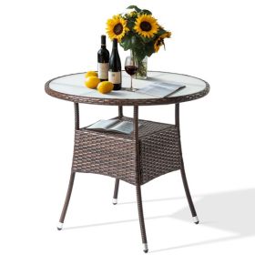 Double Layered Original Glass Tabletop Brown Rattan Woven Rattan Bar Table (Color: Brown)