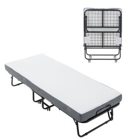 Folding Bed Cot With Mattress For Adults,  Foldable Metal Frame Bed For Guest With Memory Foam Mattress On Wheels, Saving Space Rollaway Bed (Option: 75X31 in)