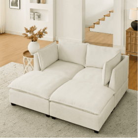 Comfy Cloud Couch Loveseat With 2 Ottoman, Modern Chenille Love Seat Upholstered Modular Couch Sleeper For Living Room, Apartment, Studio, Office (Color: Beige)